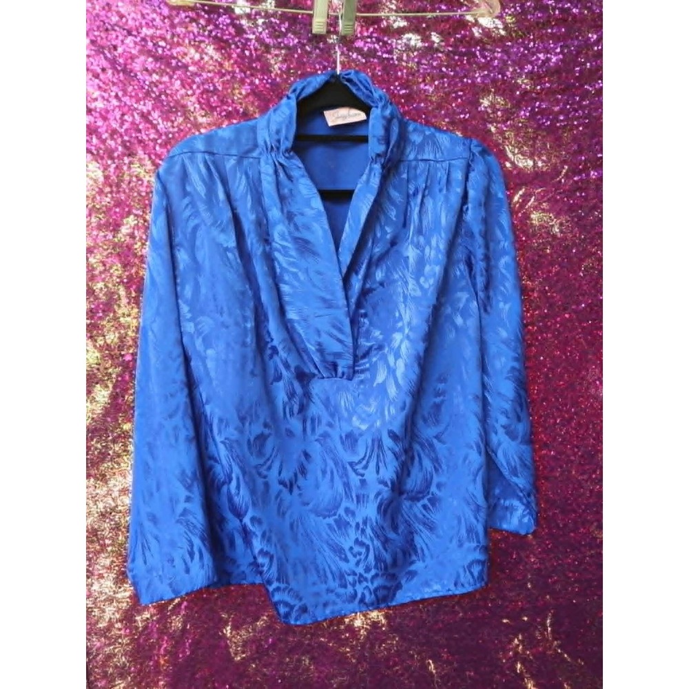 Blue Blouse 16 Jaclyn Smith Women Vintage Jacquard Floral V-Neck Long Sleeve